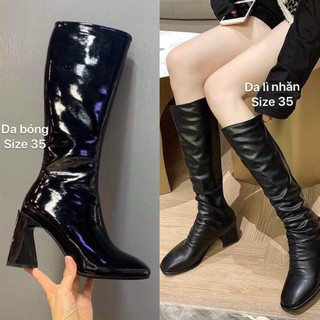 Boot đùi nữ da bóng dưới gối khóa sườn gót vạt 7cm mã b48 và bốt đùi da lì nhăn dưới gối khóa sau 5cm shop phương nhi