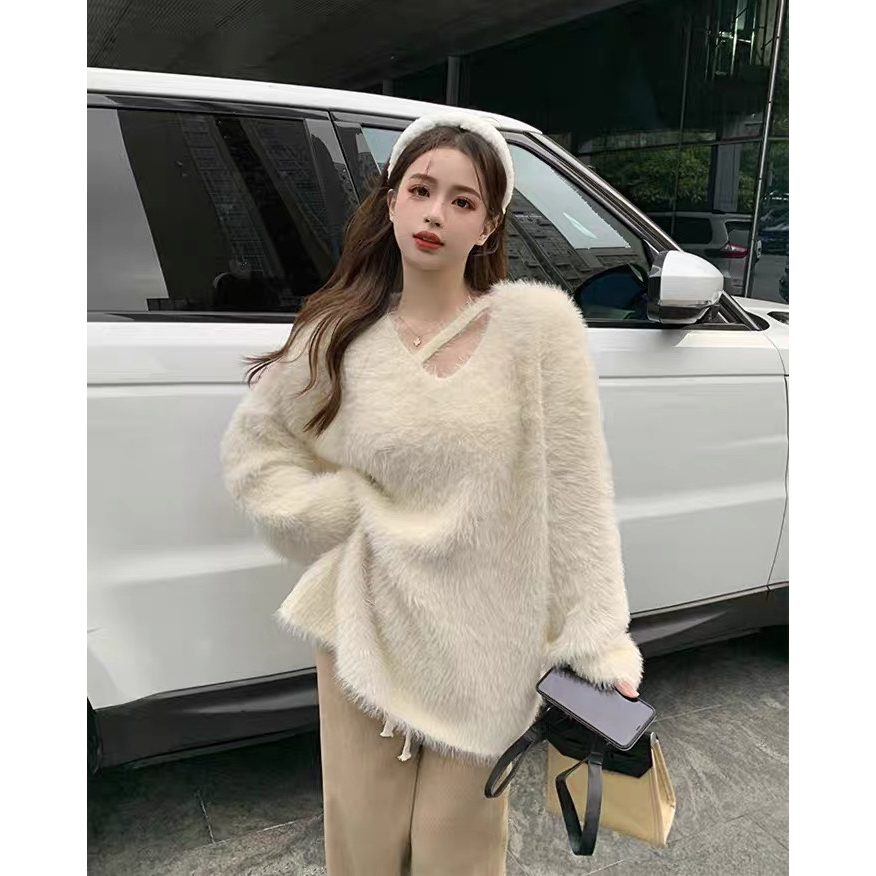 Áo len nữ lông thỏ ulzzang cổ tròn dài tay form rộng kiểu hàn chất mềm dày dặn Lady Quảng Châu