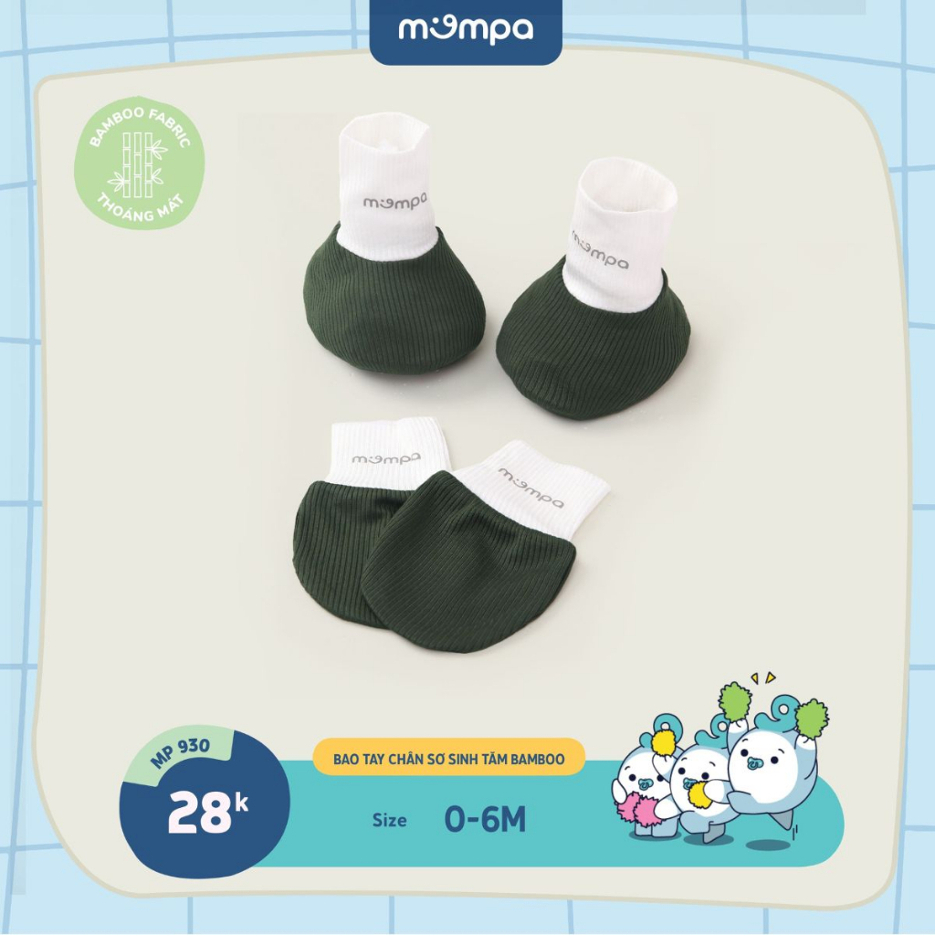 SET Mũ bao tay chân sơ sinh cho bé Mompa 0 - 6 tháng vải sợi tre Bamboo tăm co giãn MP 929 MP 930