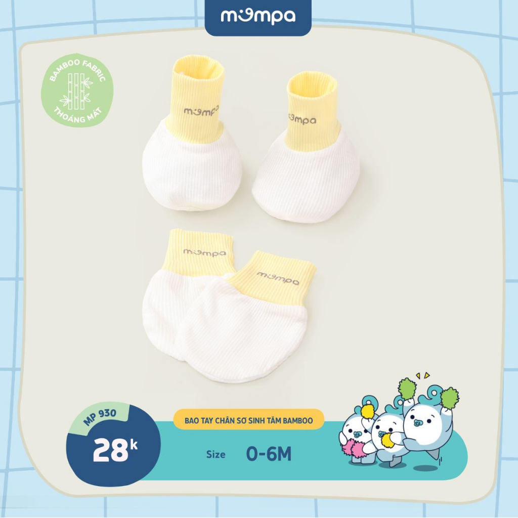 SET Mũ bao tay chân sơ sinh cho bé Mompa 0 - 6 tháng vải sợi tre Bamboo tăm co giãn MP 929 MP 930