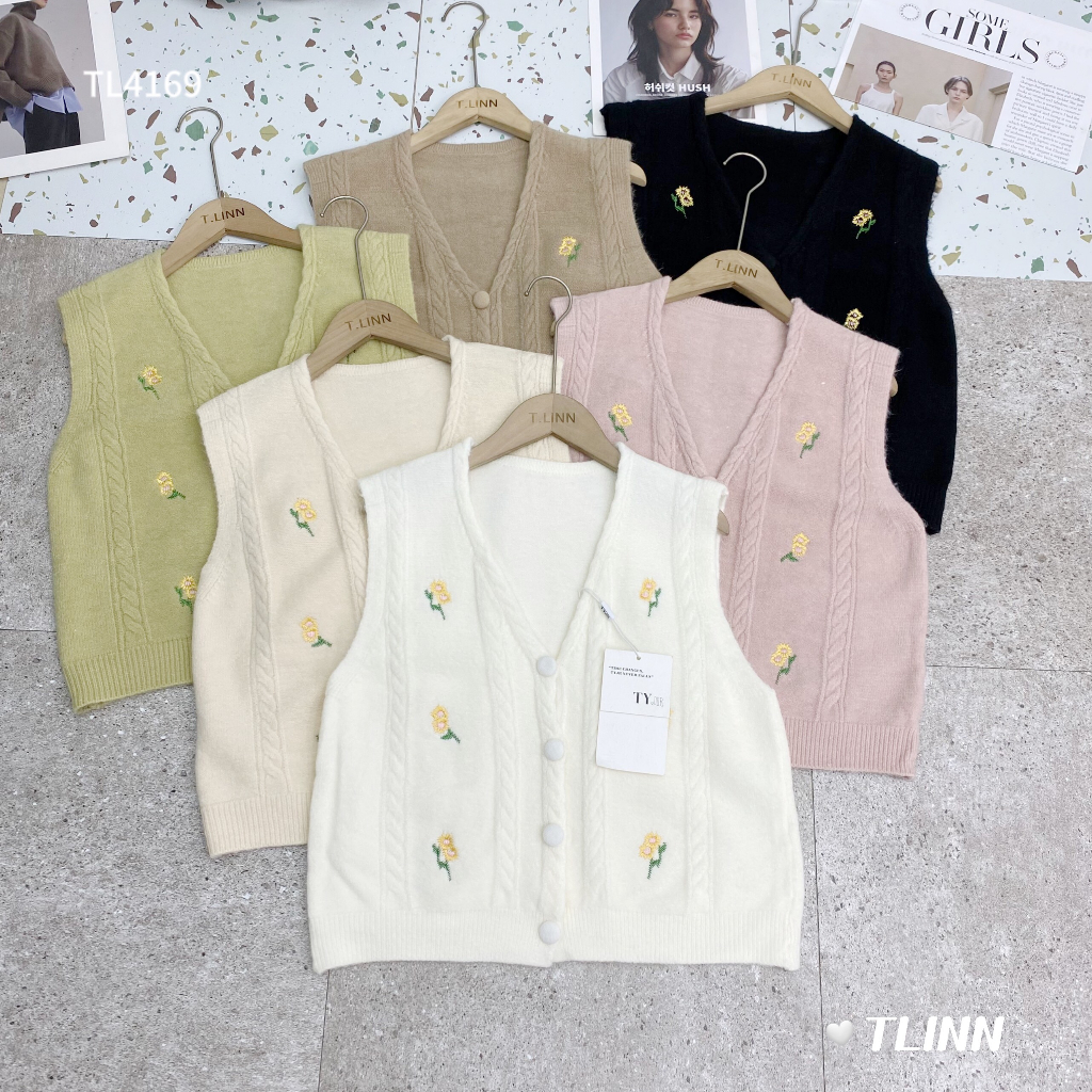 Áo gile len thu đông họa tiêt hoa nhí kiểu dáng Hàn Quốc