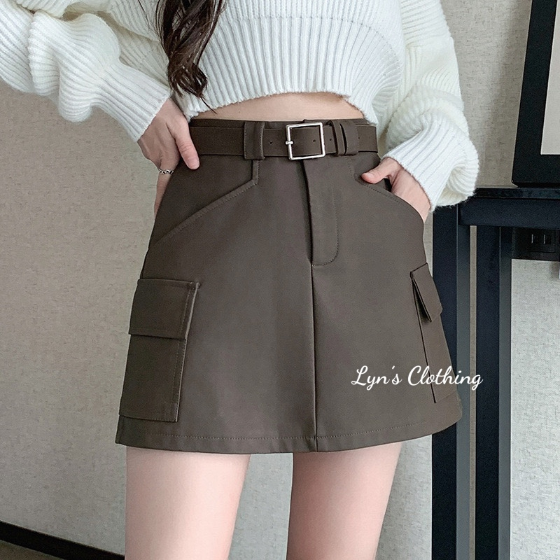 Chân váy chữ A chất da lì kèm đai phong cách Hàn Quốc