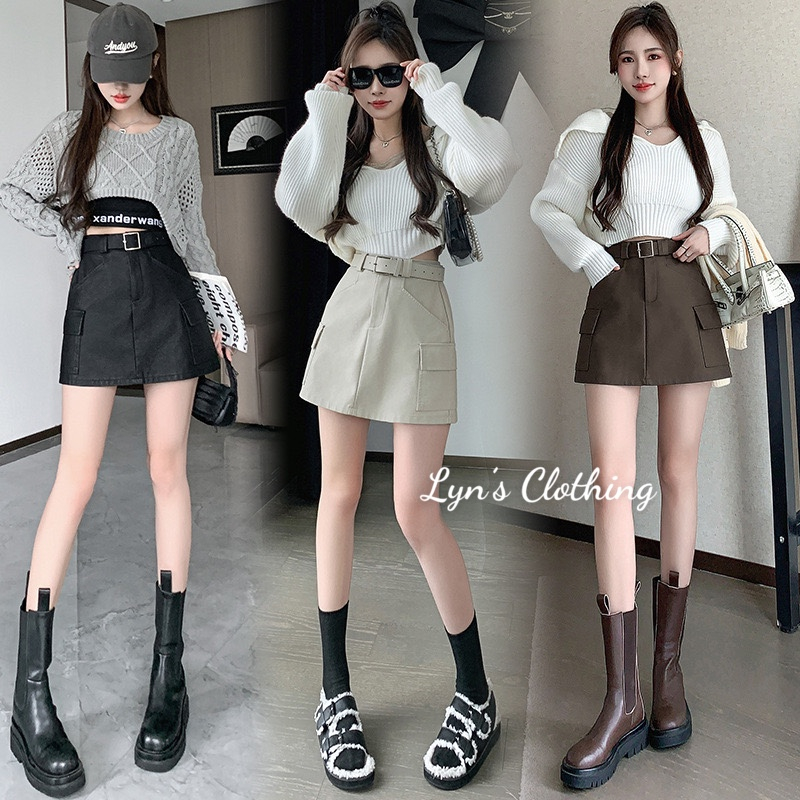 Chân váy chữ A chất da lì kèm đai phong cách Hàn Quốc