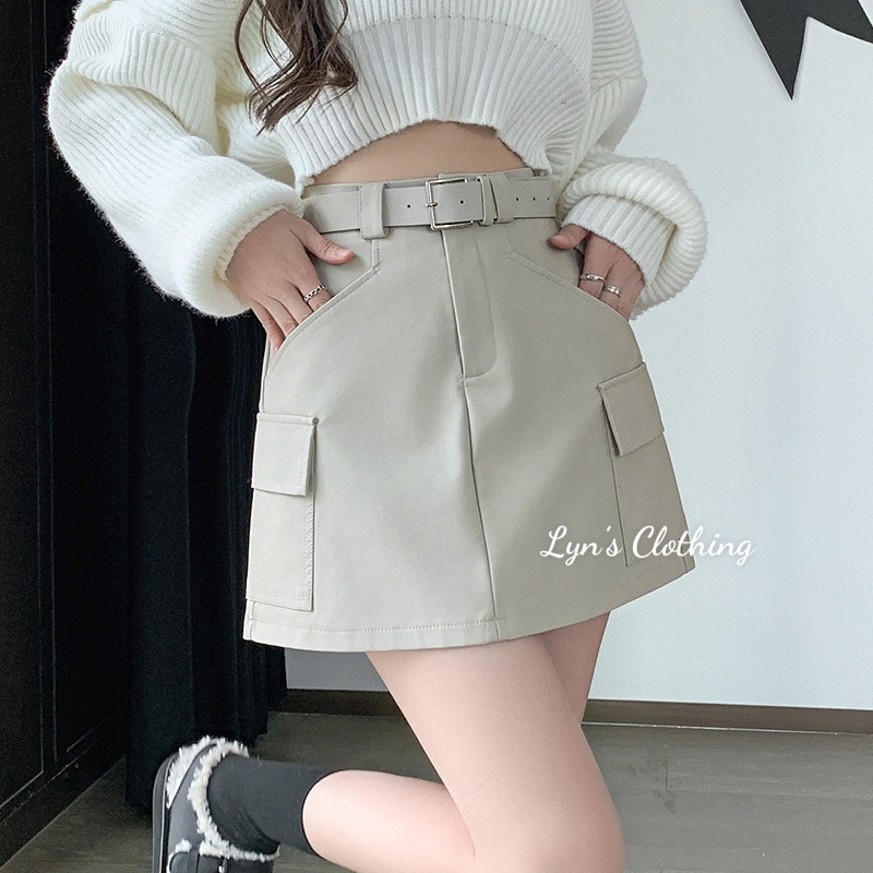 Chân váy chữ A chất da lì kèm đai phong cách Hàn Quốc