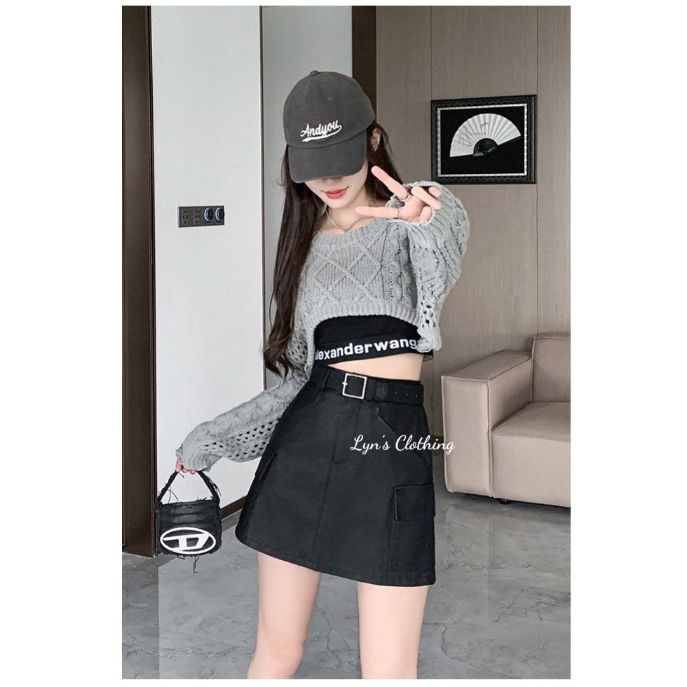 Chân váy chữ A chất da lì kèm đai phong cách Hàn Quốc