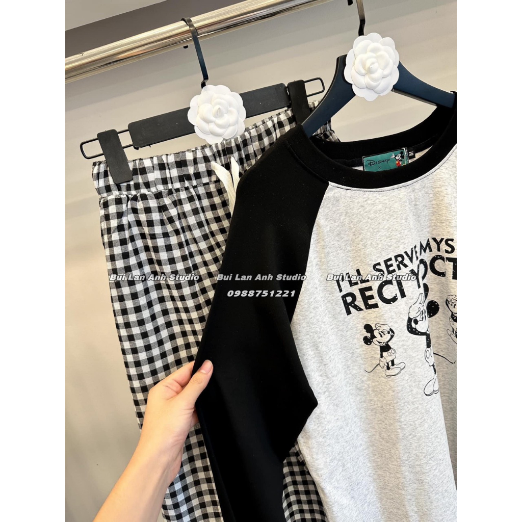 Set áo micky áo phông kẻ phối quần thô HN527