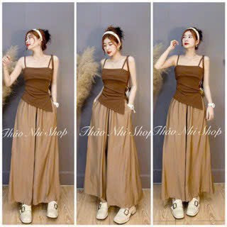 Đồ bộ thời trang nữ hot, áo kiểu 2s nhún eo vạt chéo chất thun gân mix quần dài ống suông chất đũi cực kì sành điệu