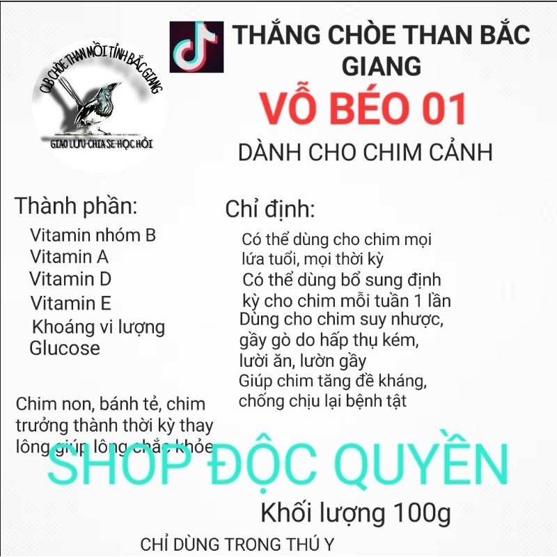 VỖ BÉO 01-CHO CHIM GẦY, SUY, KÉM ĂN, ĐANG THAY LÔNG