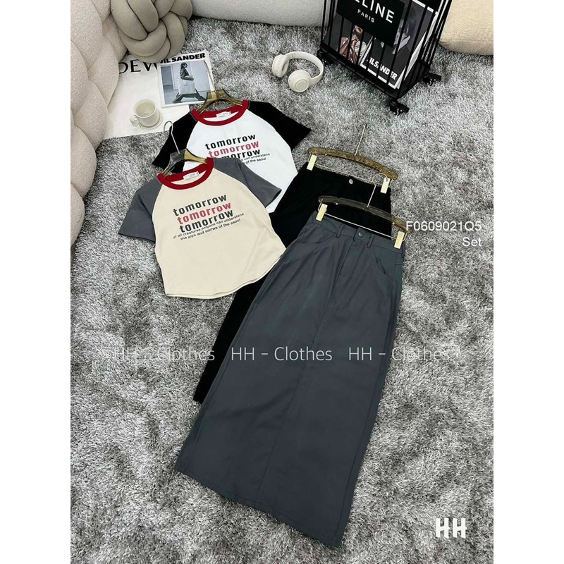 Set áo thun croptop phối màu kèm chân váy dáng dài