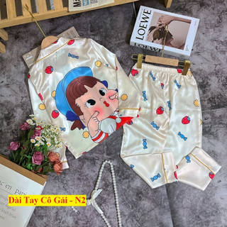 [17-47 kg] Bộ đồ ngủ lụa trẻ em cao cấp - Bộ bé gái tay dài quần dài - hoạ tiết 3D đáng yêu