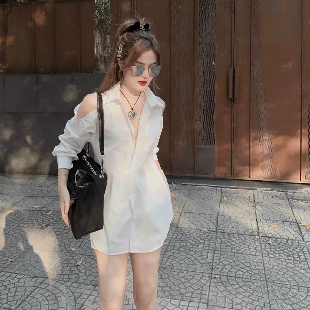 Set Áo Lụa Cổ Sơ Mi Khoét Vai Trắng Tay Dài Kiểu Dáng Form Rộng Mix Quần Sooc Đùi Cá Tính, Mặc Đi Dạo Phố Xinh Đẹp