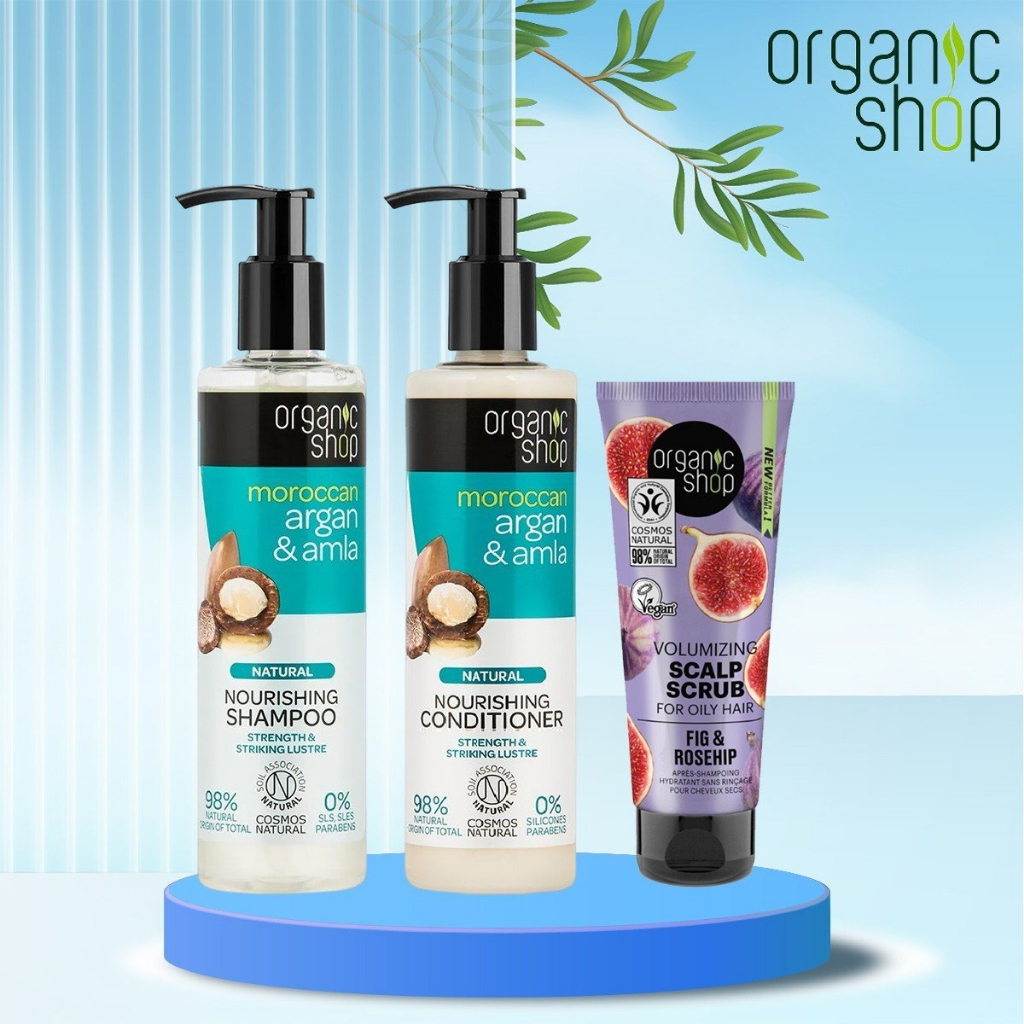 Combo Gội Xả Argan Và Amla (280mlx2) Nuôi Dưỡng và Tẩy Tế Bào Chết Da Đầu Quả Sung (75ml) ORGANIC SHOP