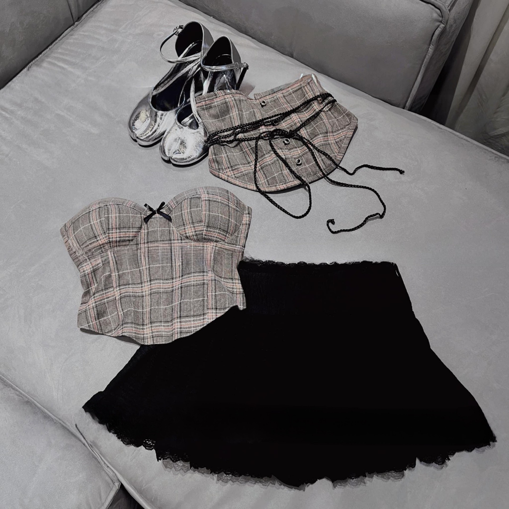 Set áo cúp ngực phối corset dây bính cột eo + Chân váy xoè