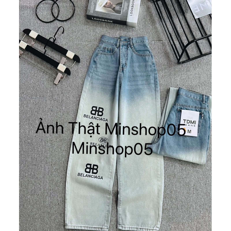 Quần Jeans Suông Ống Rộng Lưng Cao Phối Màu Thêu Siêu Xinh