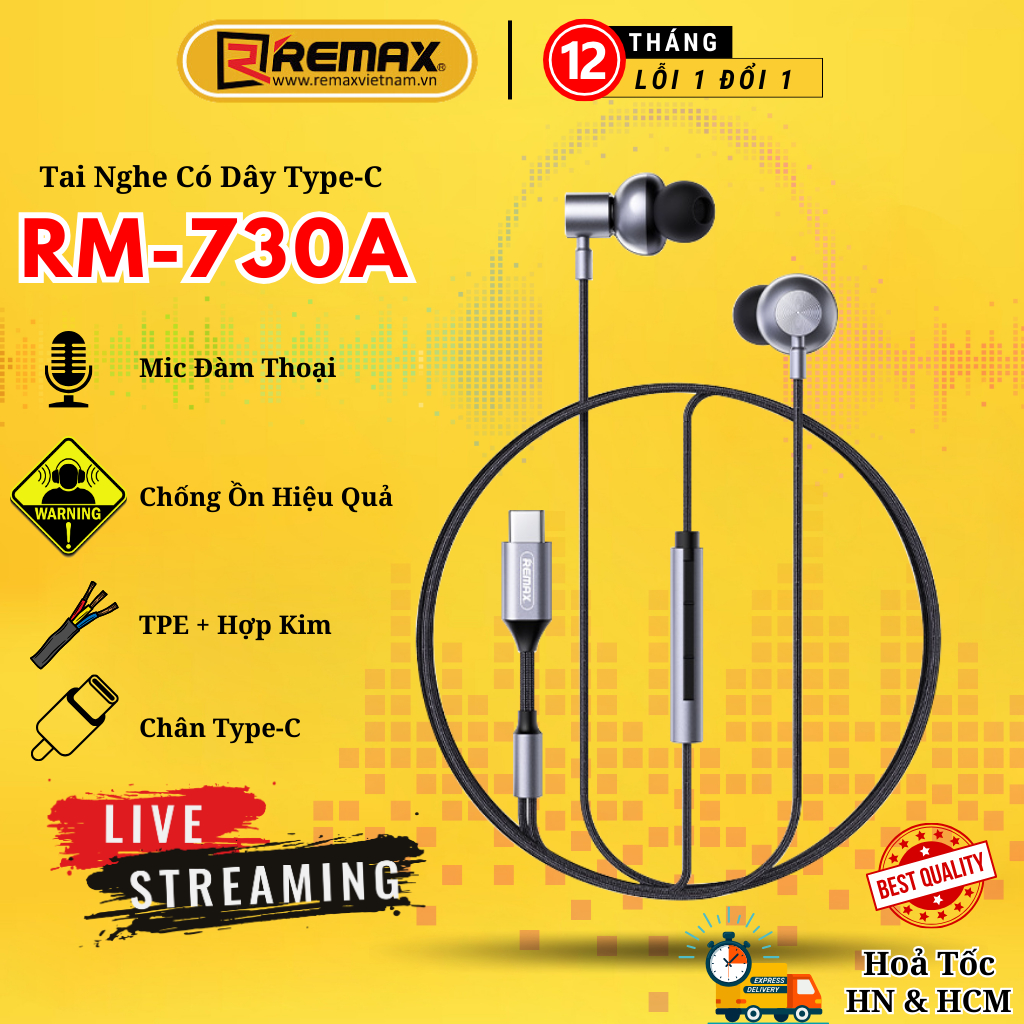 Tai Nghe Nhét Tai REMAX RM-730a Có Micro Đầu Cắm type-c Chuyên Dụng Cho Điện Thoại Samsung Remax Bảo Hành 12 Tháng