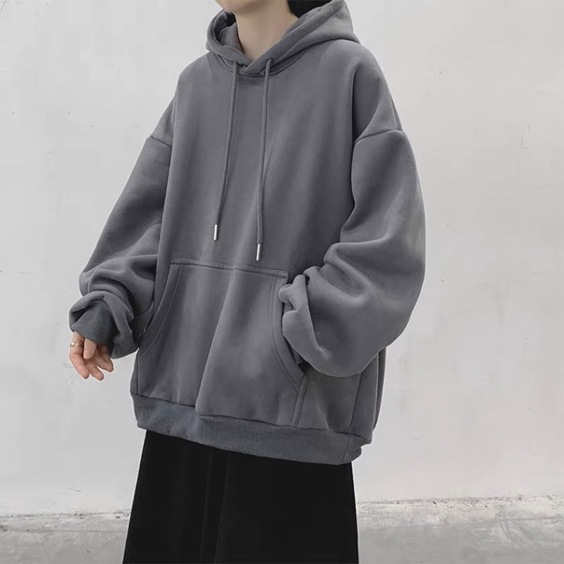 Hoodie nỉ lót bông màu xám tro trơn