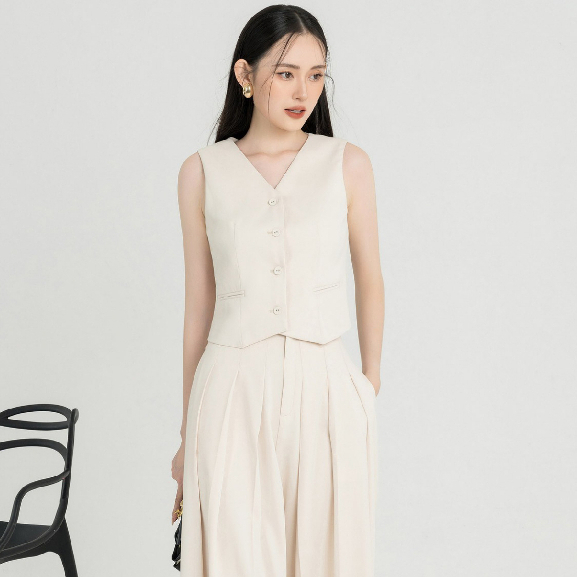 Áo gile HeraDG dáng ngắn sát nách thiết kế cổ V đính cúc bọc phía sau có đai tạo điểm nhấn SAKBC3128
