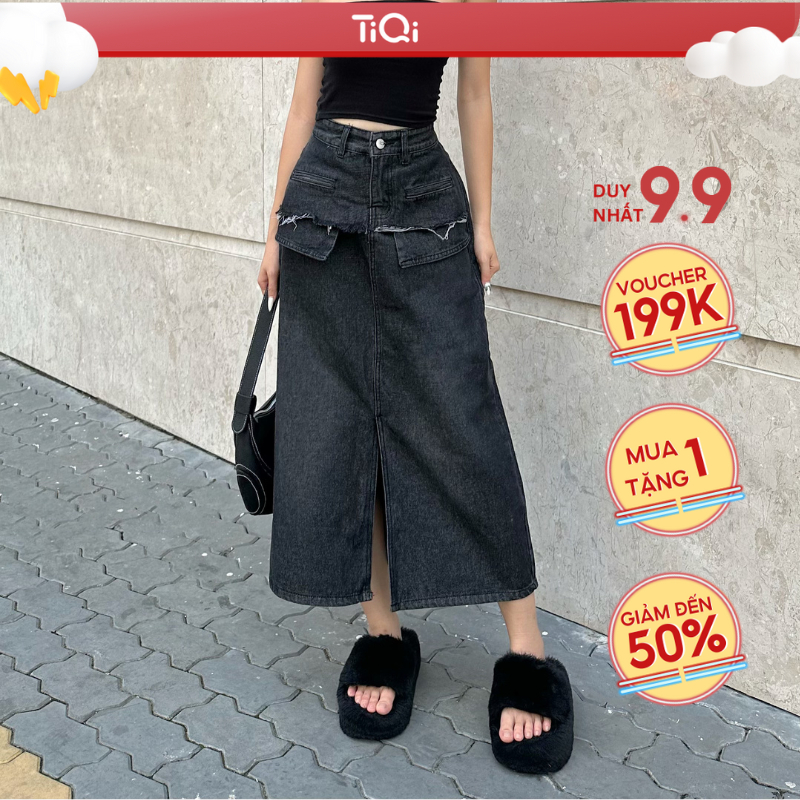 Chân váy jean dài chữ A xẻ trước TiQi Jeans V1-010