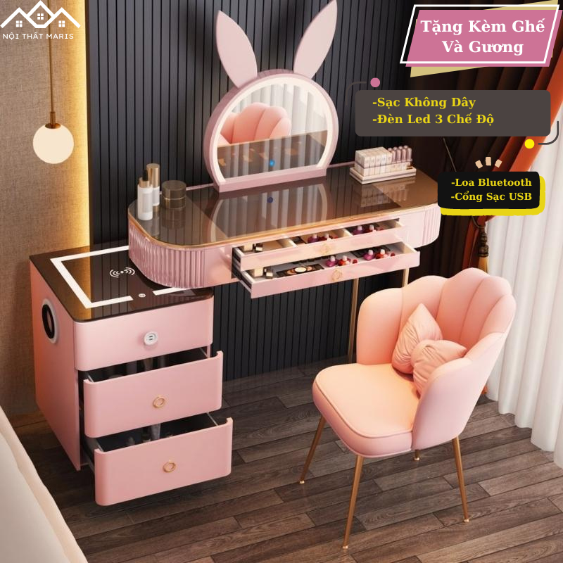 Bàn Trang Điểm Tai Thỏ Dễ Thương Đèn Led 3 Chế Độ, Bàn Phấn Loa Bluetooth Kèm Sạc Điện Thoại Thông Minh Nội Thất Maris