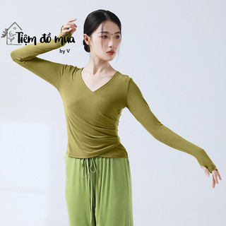 Áo thun tay dài cổ V, nhún eo