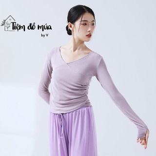 Áo thun tay dài cổ V, nhún eo