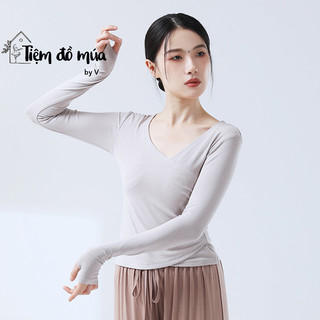 Áo thun tay dài cổ V, nhún eo
