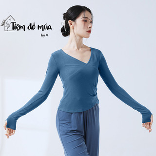 Áo thun tay dài cổ V, nhún eo
