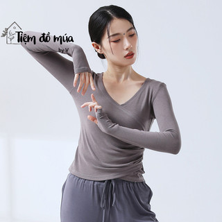 Áo thun tay dài cổ V, nhún eo