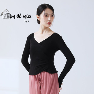 Áo thun tay dài cổ V, nhún eo