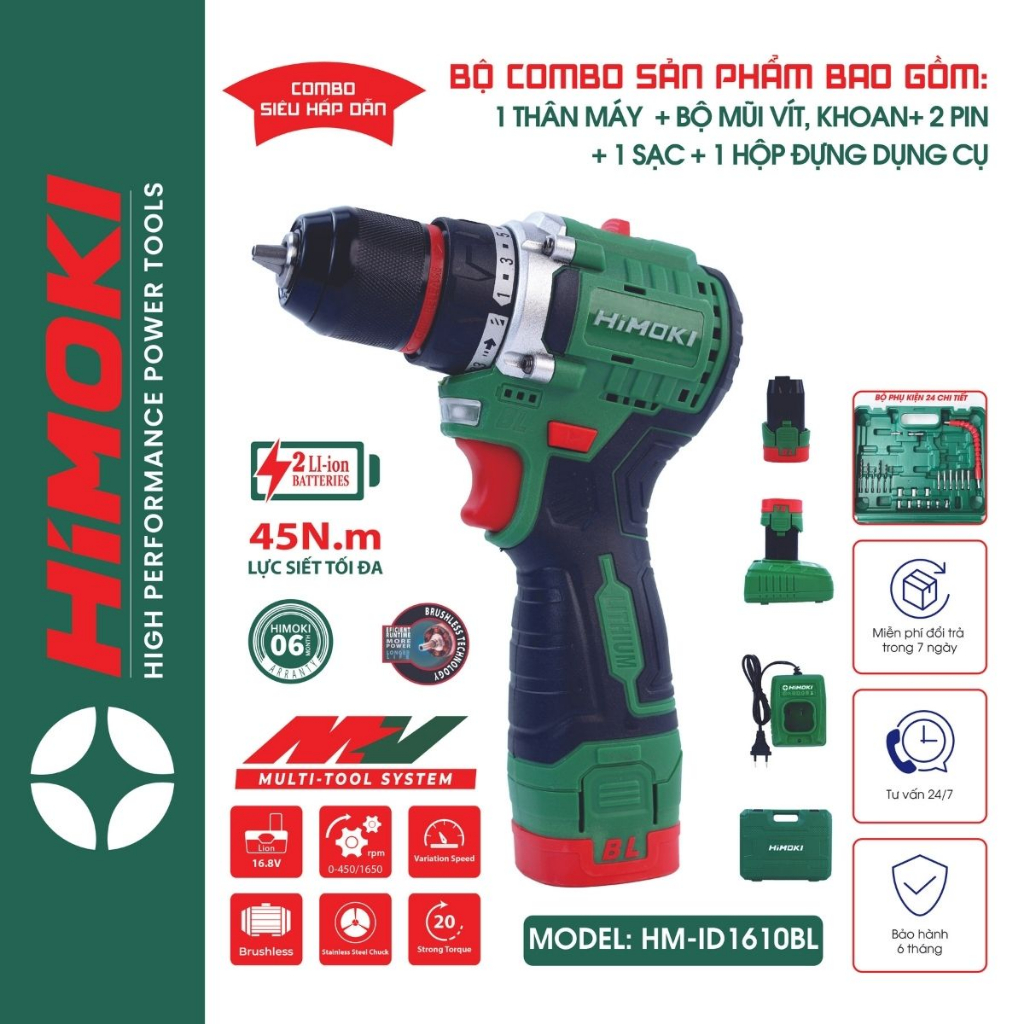 Máy khoan pin HIMOKI 16.8V HM-ID1610BL Auto lock - Khoan pin không chổi than tặng kèm bộ phụ kiện 24 chi tiết