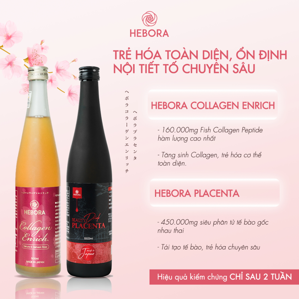 Combo nước uống tế bào gốc nhau thai Hebora Placenta 500ml và Hebora Collagen Enrich 500ml chính hãng