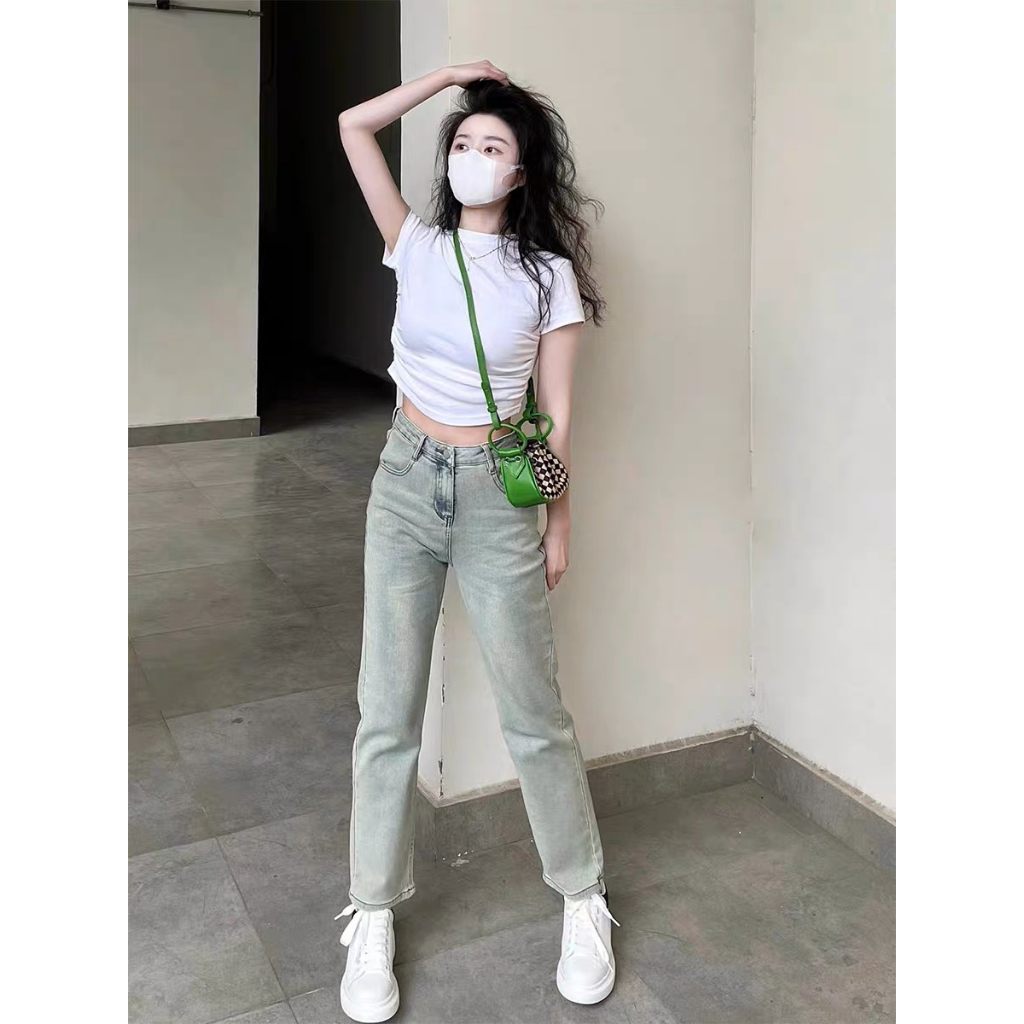 Quần bò ống đứng xanh nhạt , Quần jean ống đứng lưng cao xanh nhạt có may gấu kute S31