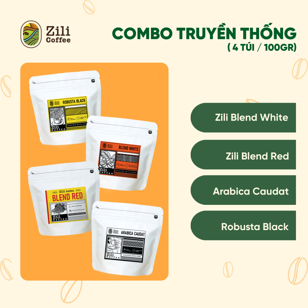 Cà phê đặc sản rang mộc 4 túi trải nghiệm 100g/túi pha máy pha phin