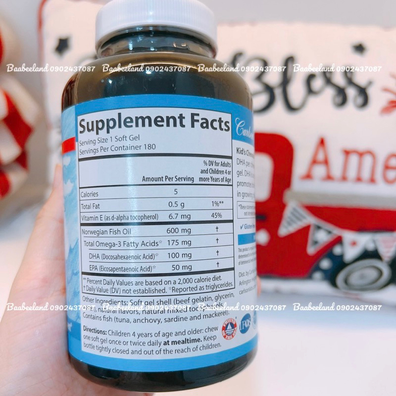 DHA Omega-3 Cao Cấp hãng Carlson Kid’s Chewable Dạng Viên Nhai Cho Bé từ 4 tuổi - BAABEELAND