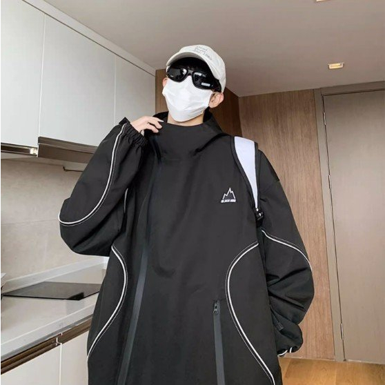 Áo khoác gió 2 lớp, có mũ và khóa zip Unisex, khóa chéo, chống nước, chống bụi Ulzzang, áo có túi trong