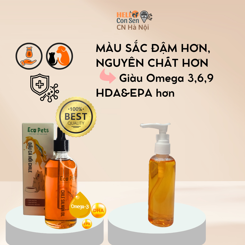 Dầu cá hồi Chile ECOPETS, bổ sung omega 3 giúp mượt lông, giảm rụng lông, hỗ trợ tim thận khoẻ cho chó mèo - 100ml