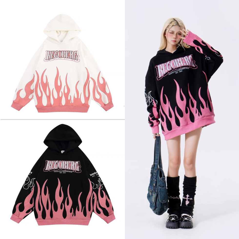 Áo hoodies unisex Begoberg form rộng in họa tiết lửa chất liệu nỉ chần bông ấm áp M15
