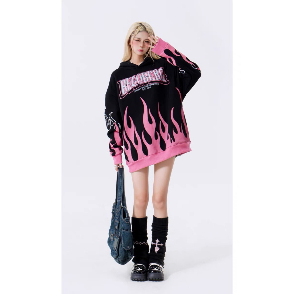 Áo hoodies unisex Begoberg form rộng in họa tiết lửa chất liệu nỉ chần bông ấm áp M15 | BigBuy360 - bigbuy360.vn