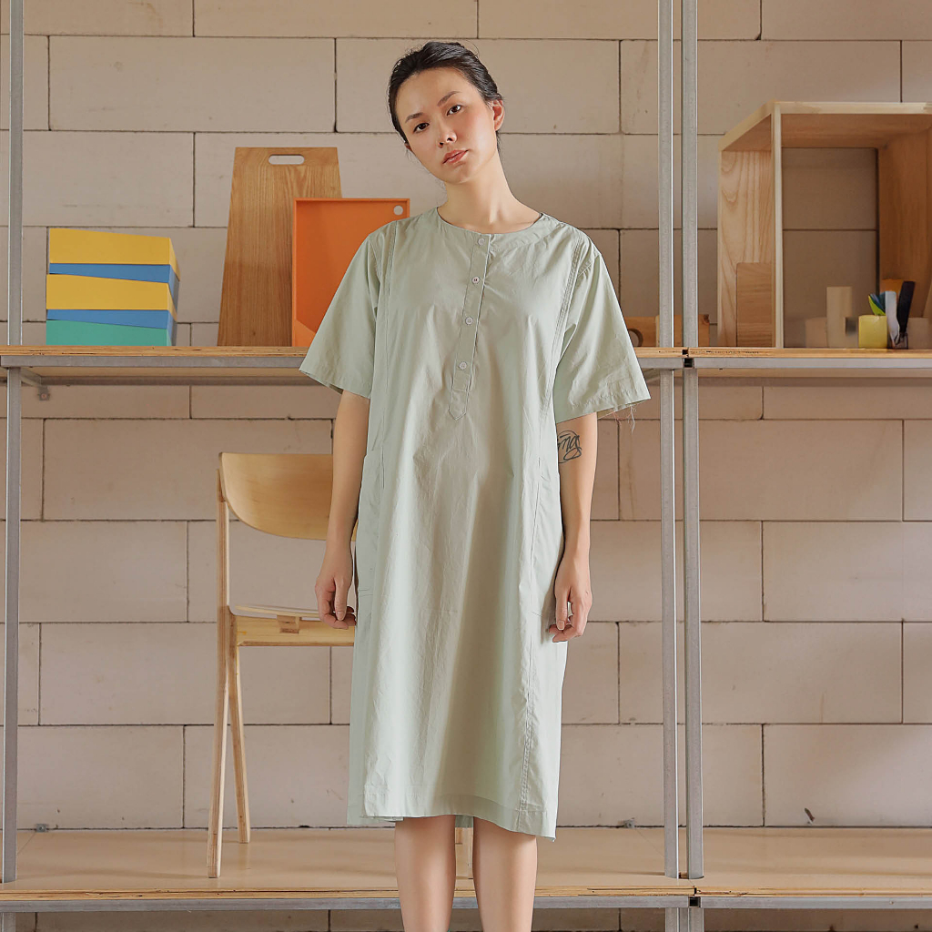 TimTay Đầm Tay Ngắn Cài Nút Có Túi Dáng Chữ A 100% Cotton Poplin - SP002477