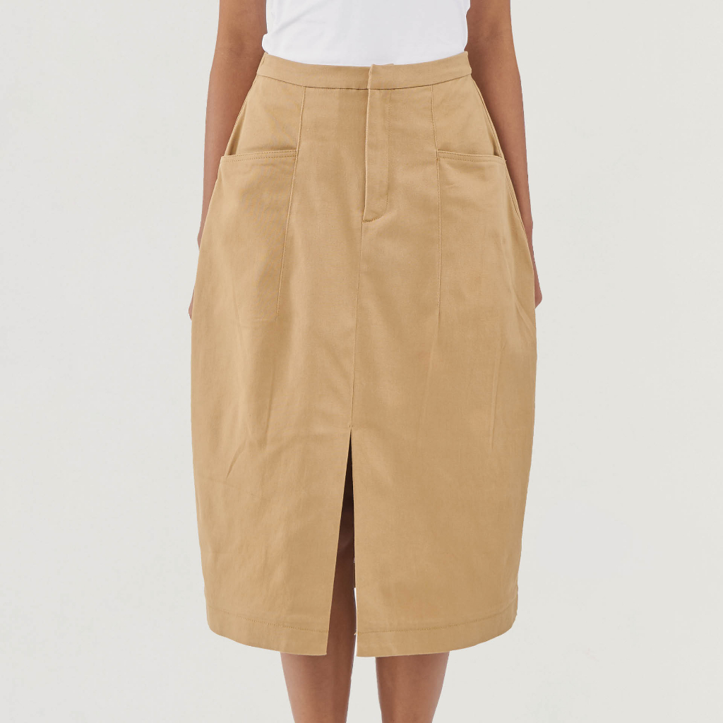 TimTay Chân Váy Dáng Bí Lưng Thun Xẻ Tà Khaki 100% Cotton
