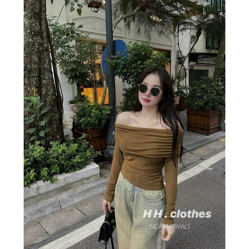 Áo thun dài tay  trễ vai tăm body nhún sườn