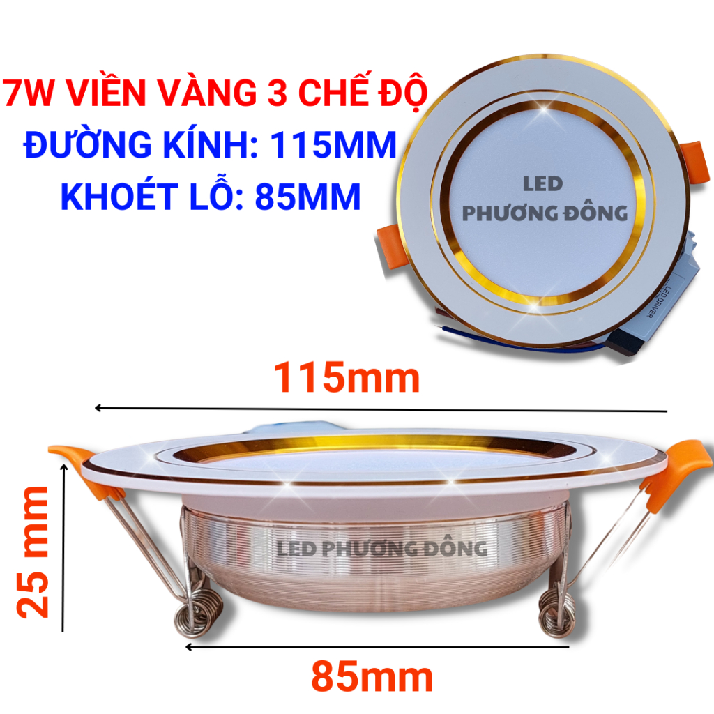Đèn LED Âm Trần 3 Màu Viền Vàng, Viền Bạc 7w , 9w