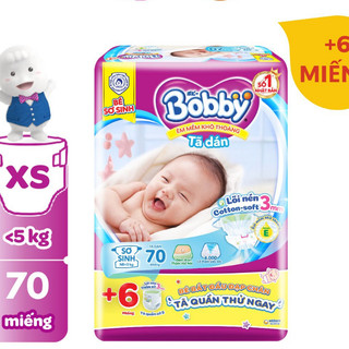 Tã dán sơ sinh Bobby XS70/S54 mới- Lõi nén cotton-soft 3mm