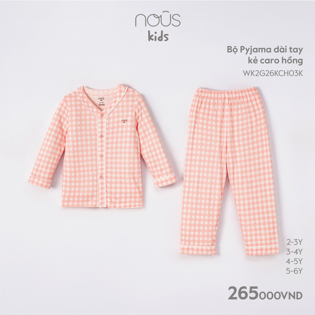 NOUS - Bộ Pyjama dài tay kẻ caro hồng - Nu Kids - 2Y 3Y 4Y 5Y - SS23.9