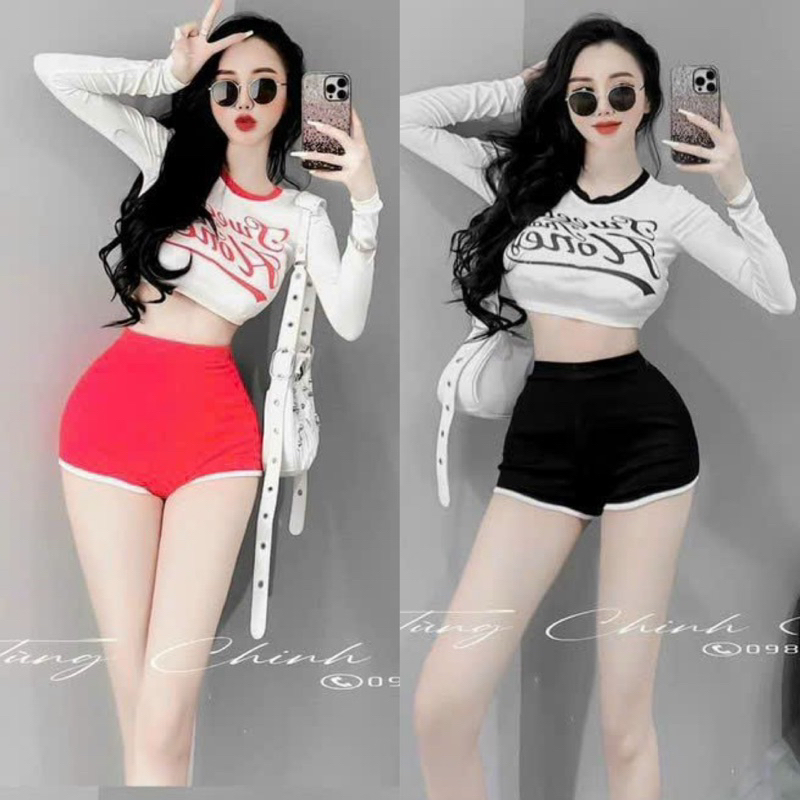 Set Bộ Thun Coca Cola Áo Tay Dài Croptop Viền + Quần Shoet Viền