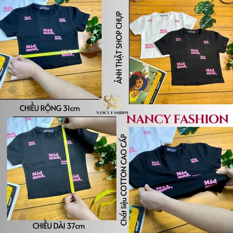 Áo Croptop Ôm Body Nữ In Chữ Mad mnd Cổ Tròn Tay Ngắn, Áo Thun Croptop Kiểu Phối Tay Sexy In Họa Tiết