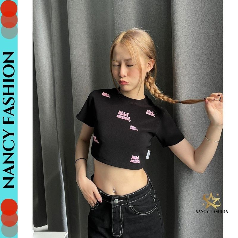 Áo Croptop Ôm Body Nữ In Chữ Mad mnd Cổ Tròn Tay Ngắn, Áo Thun Croptop Kiểu Phối Tay Sexy In Họa Tiết