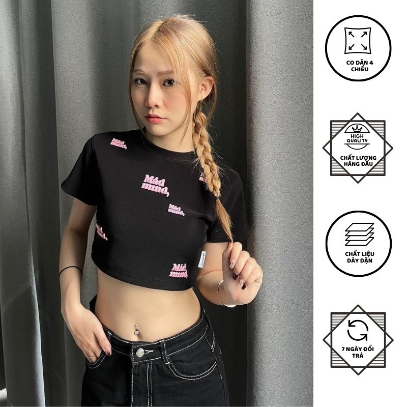 Áo Croptop Ôm Body Nữ In Chữ Mad mnd Cổ Tròn Tay Ngắn, Áo Thun Croptop Kiểu Phối Tay Sexy In Họa Tiết