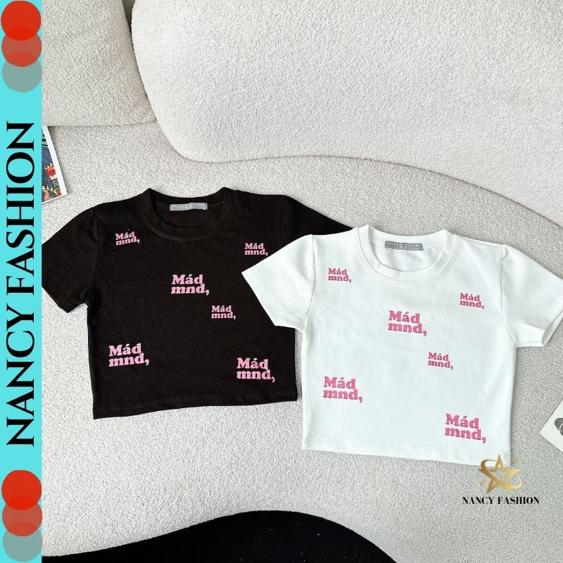 Áo Croptop Ôm Body Nữ In Chữ Mad mnd Cổ Tròn Tay Ngắn, Áo Thun Croptop Kiểu Phối Tay Sexy In Họa Tiết
