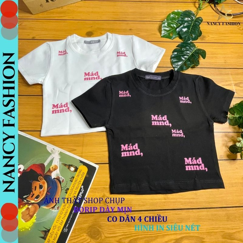 Áo Croptop Ôm Body Nữ In Chữ Mad mnd Cổ Tròn Tay Ngắn, Áo Thun Croptop Kiểu Phối Tay Sexy In Họa Tiết